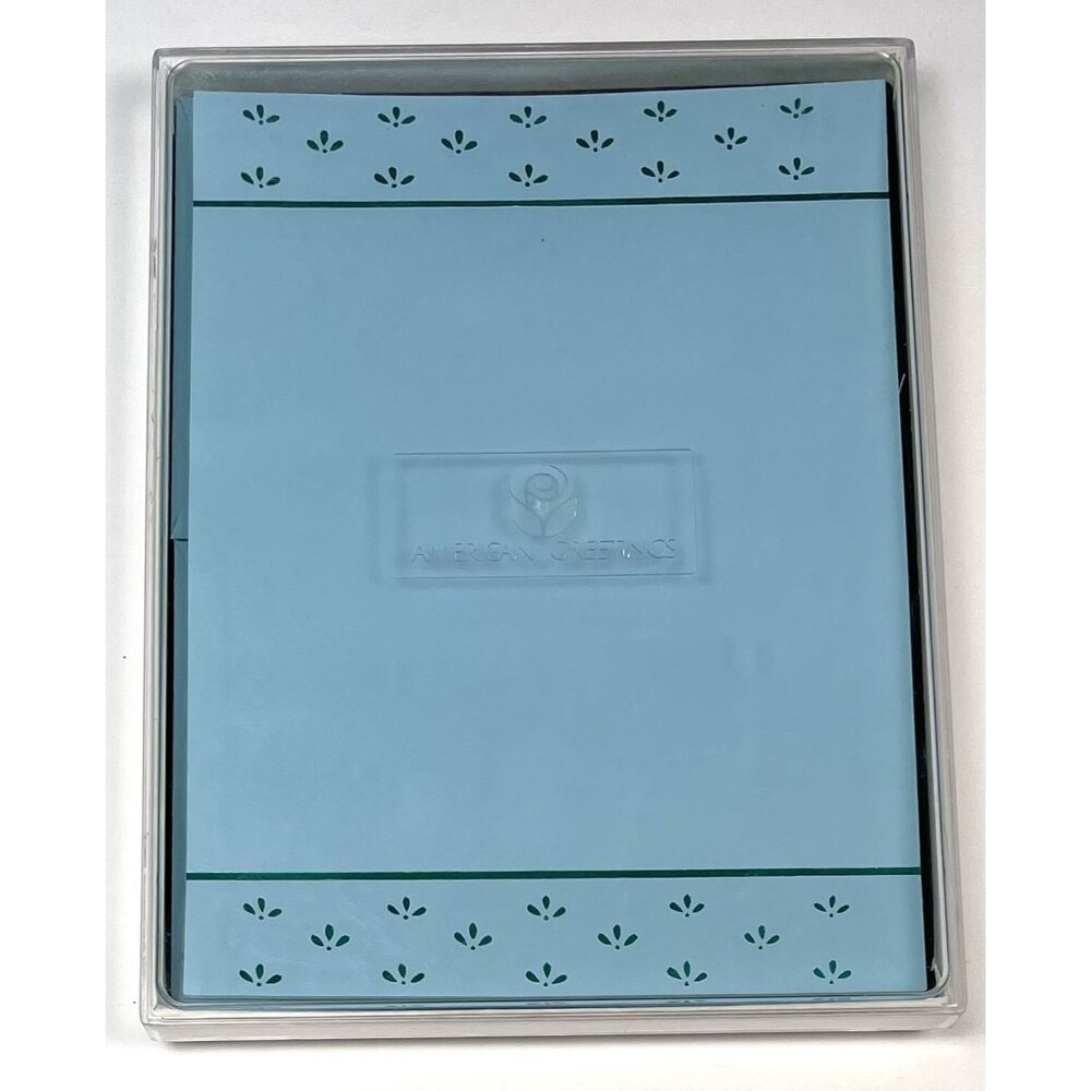 VTG American Greetings Green Metallic Leaf Blue STATIONERY Envelopes Box READ